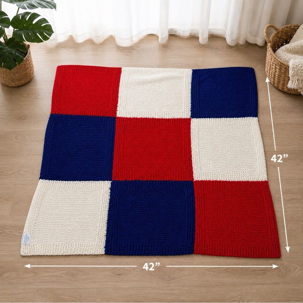Handmade Patchwork Knit Throw Blanket Red, Blue & White 42” inches square